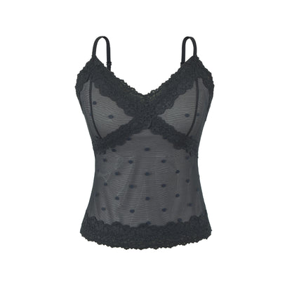 Polka Dot Lace Sleeveless Camisole Top with Built-in Pads Black