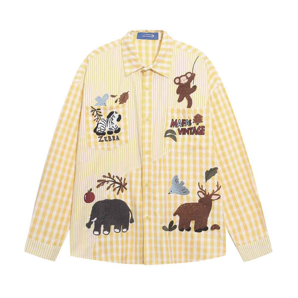 Animal cartoon design checkered long sleeved shirt for men and women | MuddyStock Originals Yellow