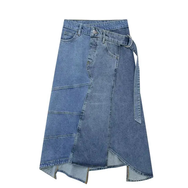 Vintage Blue Stitching Asymmetric Denim Skirt For Women | MuddyStock Originals Blue