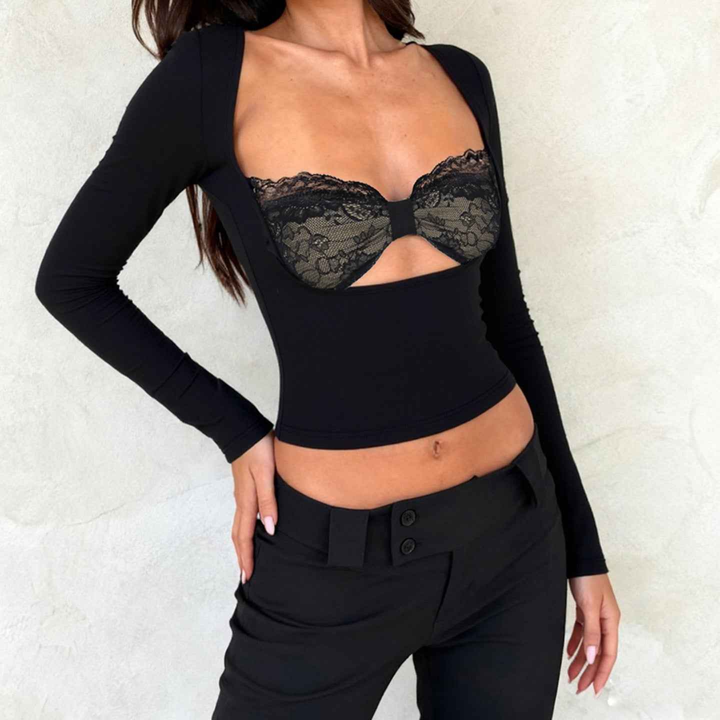 Lace patchwork fake two slim top | MuddyStock Originals