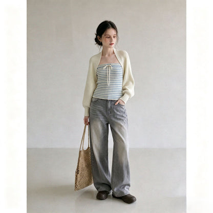 Apricot Knitted Cardigan Jacket with Camisole Set