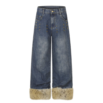 Wide Leg High Waist Washed Distressed Denim Jeans with Rivets and Frayed Hems for Women | MuddyStock Originals Blue