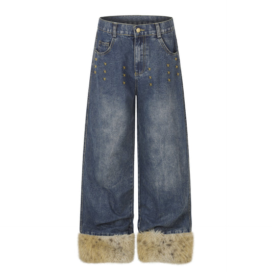 Wide Leg High Waist Washed Distressed Denim Jeans with Rivets and Frayed Hems for Women | MuddyStock Originals Blue