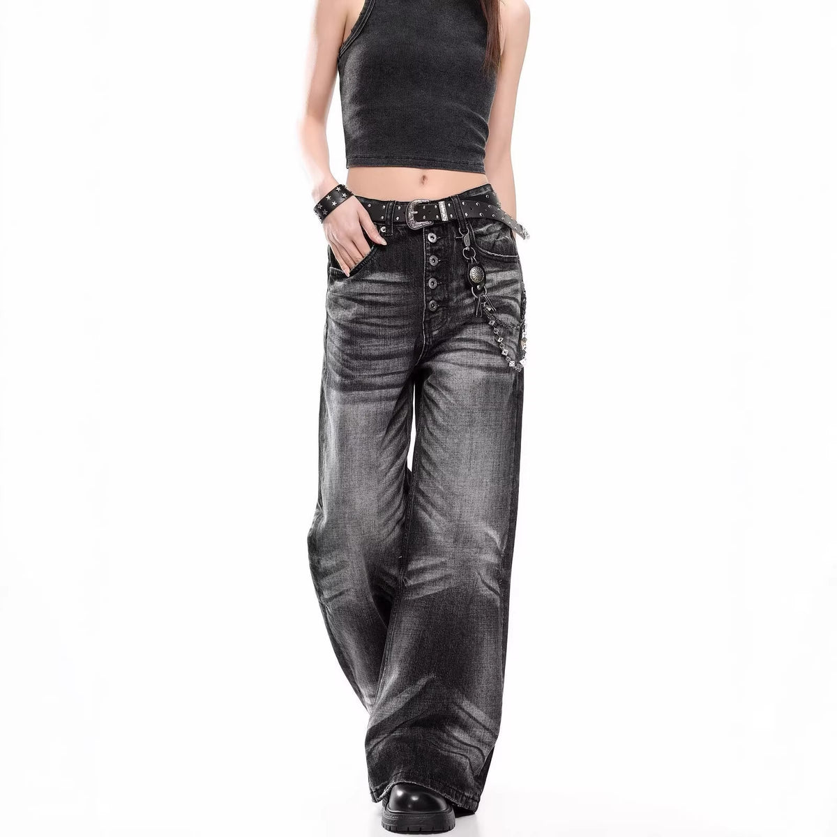 Washed Knife-Edge Jeans for Men and Women