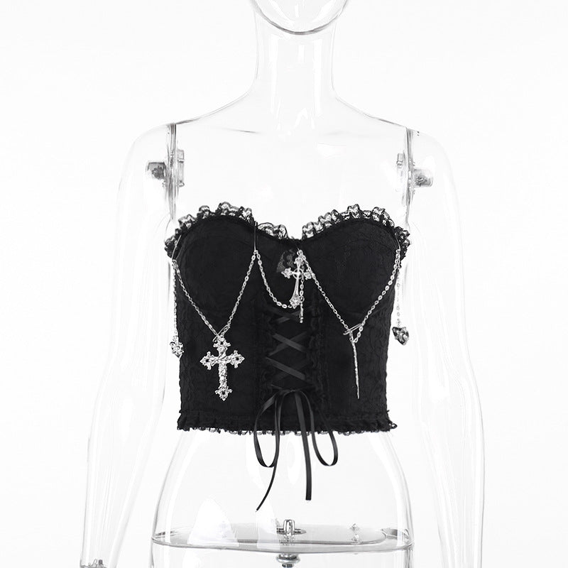 Crop Top Gothic Cross Chain Halter Strap Women's Backless Top | MuddyStock Originals Black Strapless Top MuddyStock