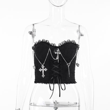 Crop Top Gothic Cross Chain Halter Strap Women's Backless Top | MuddyStock Originals Black Strapless Top MuddyStock