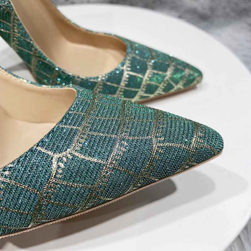 Glitter Embossed Crocodile Effect Women Greem Pointy Toe High Heel