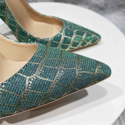 Glitter Embossed Crocodile Effect Women Greem Pointy Toe High Heel