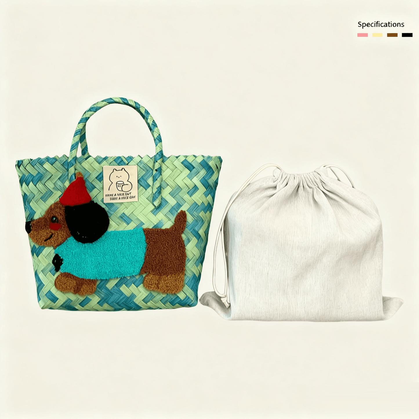 Large capacity sausage dog hand woven cabbage basket bag Handheld - Monet Garden Blush Dog (with lining)