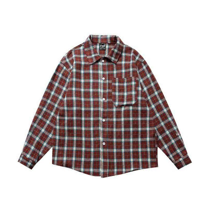 Collar contrasting plaid long sleeved loose shirt for men | MuddyStock Originals Red