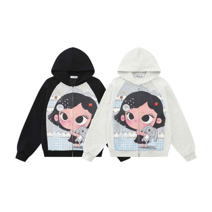 Cute Cartoon Graphic Color Block Raglan Sleeve Loose Hoodie For Women | MuddyStock Originals