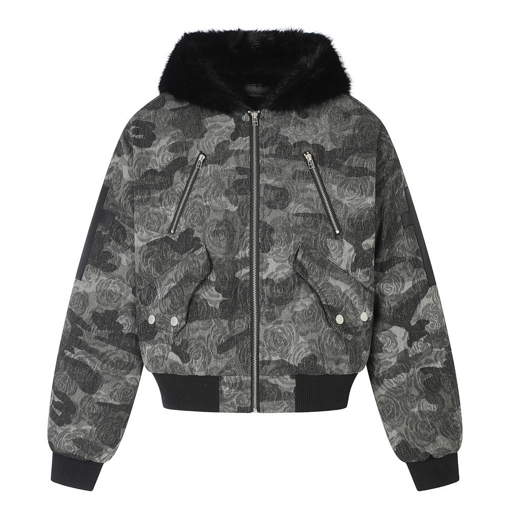 Punk Streetwear Camouflage Thickened Quilted Cotton Hooded Fur Collar Short Men's Jacket Charcoal Gray