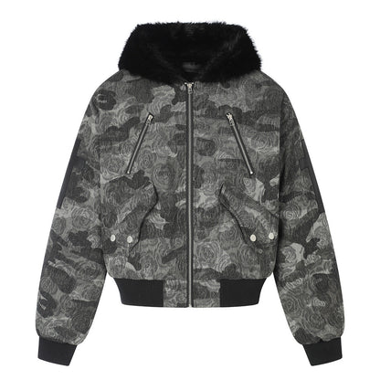Punk Streetwear Camouflage Thickened Quilted Cotton Hooded Fur Collar Short Men's Jacket Charcoal Gray