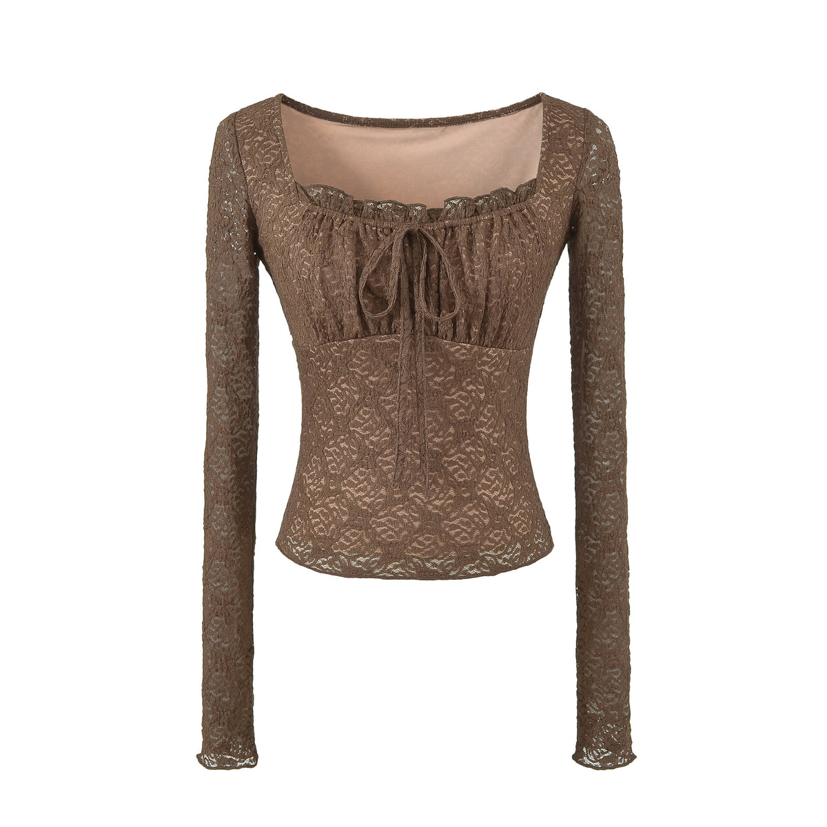 Sexy Lace Short Sleeve Square Neck T-Top Coffee