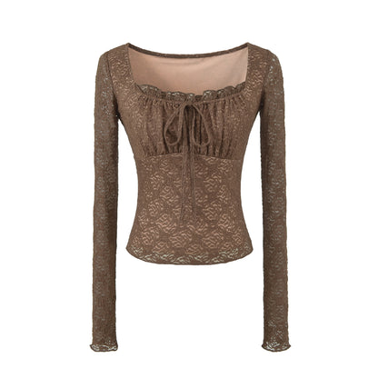 Sexy Lace Short Sleeve Square Neck T-Top Coffee