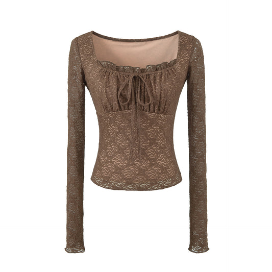 Sexy Lace Short Sleeve Square Neck T-Top Coffee