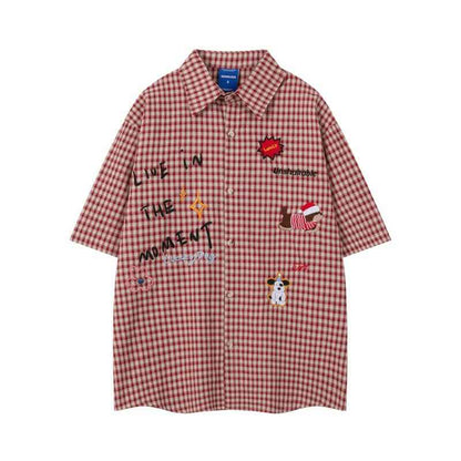 Childhood cartoon embroidered loose short sleeved shirt for men | MuddyStock Originals Red Grid eprolo