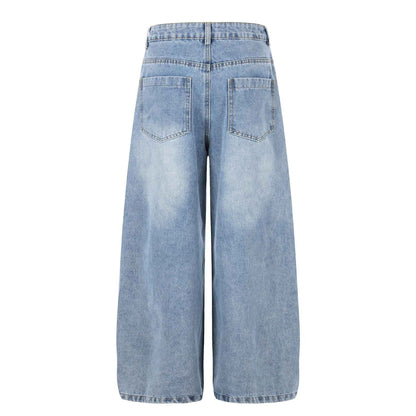 Star Patch Washed Blue Wide Leg Casual Versatile Straight Leg Jeans For Women | MuddyStock Originals