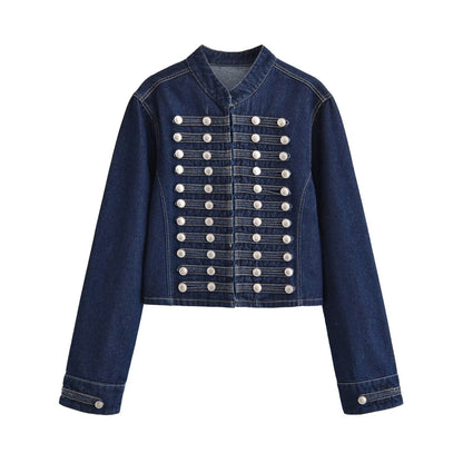 Multi row metal buckle denim jacket+shorts two-piece set for women