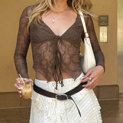 Retro brown V-neck lace up top for women | MuddyStock Originals MuddyStock