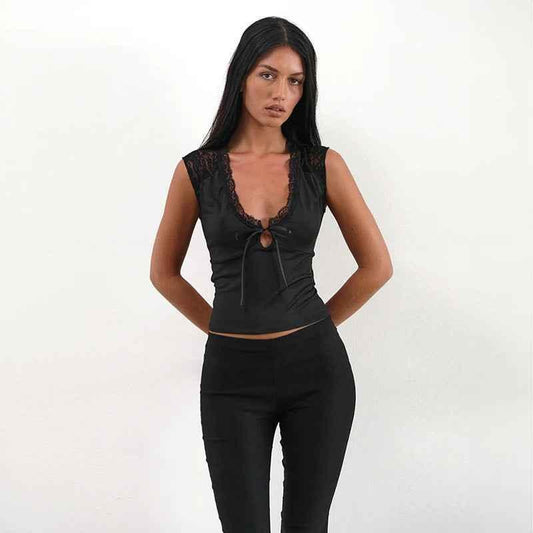Casual versatile lace patchwork hollow V-neck vest for women | MuddyStock Originals