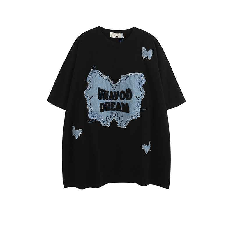 Denim Patch Decorative Short Sleeve T-Shirt For Women | MuddyStock Originals MuddyStock