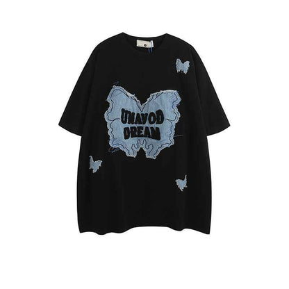 Denim Patch Decorative Short Sleeve T-Shirt For Women | MuddyStock Originals MuddyStock