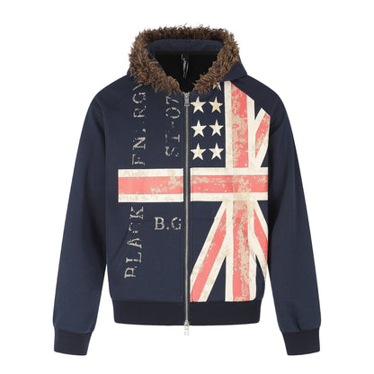 Distressed Printed Loose Fur-Collar Zip-Up Hoodie For Men And Women | MuddyStock Originals Navy Blue