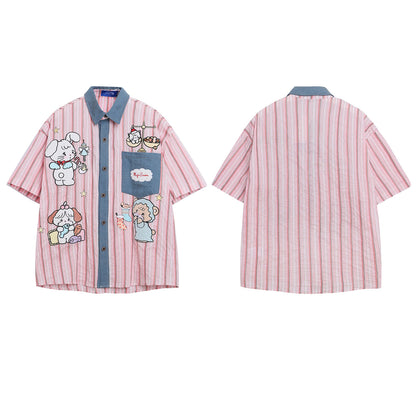 Cartoon Embroidery Patchwork Denim Design Short Sleeve Shirt Unisex Loose Casual Blouse