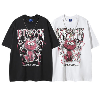 Streetwear Cartoon Cat Graffiti Letter T-Shirt with Necklace For Men And Women | MuddyStock Originals MuddyStock