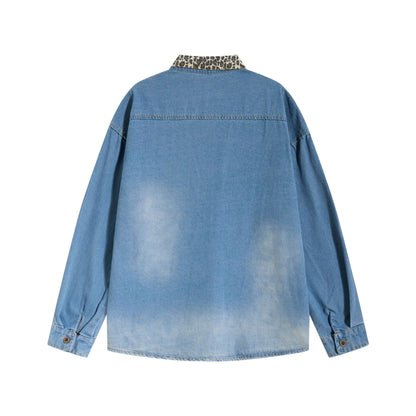 Long Sleeve Leopard Print Collar Star Patch Embroidery Distressed Denim Shirt