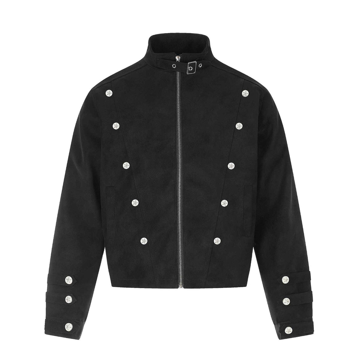 Faux Suede Metal Button Stand Collar Cropped Motorcycle Jacket for Men | MuddyStock Originals Black