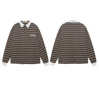 Retro Striped Letter Embroidered Polo Collar Long Sleeve T-Shirt For Men | MuddyStock Originals eprolo