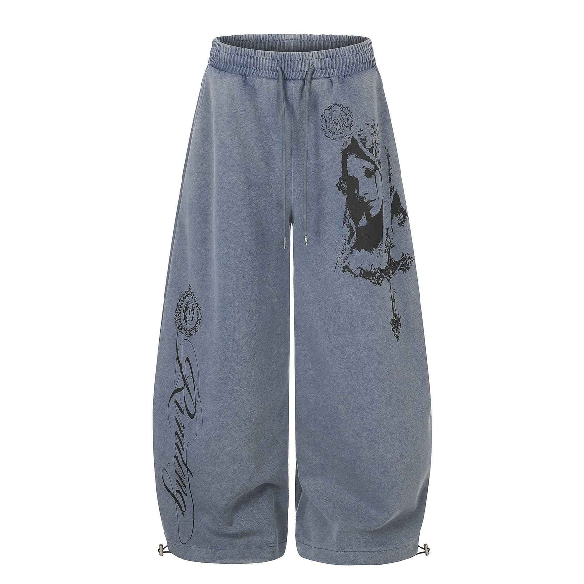American High Street Washed Portrait Print Wide Leg Casual Sweatpants For Women | MuddyStock Origoinals Blue