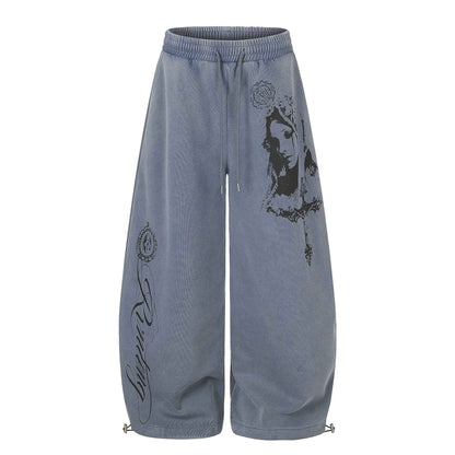 American High Street Washed Portrait Print Wide Leg Casual Sweatpants For Women | MuddyStock Origoinals Blue