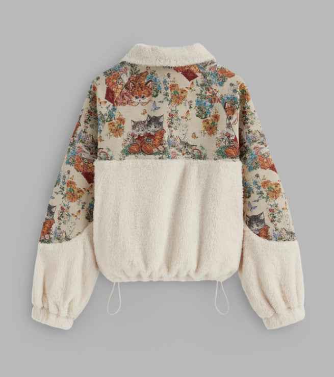 Women's Turn-down Collar Floral Cat Tie Hoodie MuddyStock