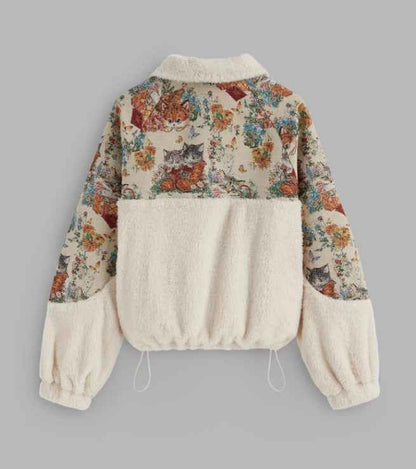 Women's Turn-down Collar Floral Cat Tie Hoodie MuddyStock