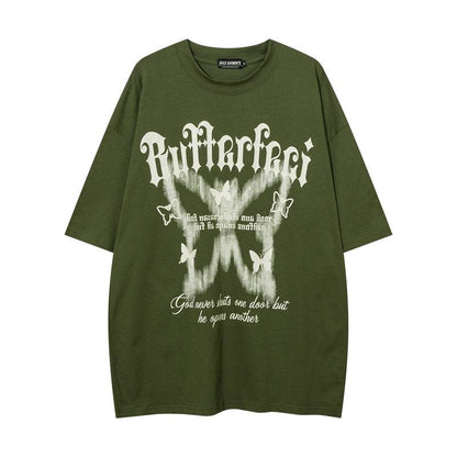 American High Street Butterfly Printed T-shirt For Men And Women Green MuddyStock
