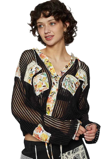 Vintage Washed Crochet Hoodie Top With Patchwork For Women Trendsi