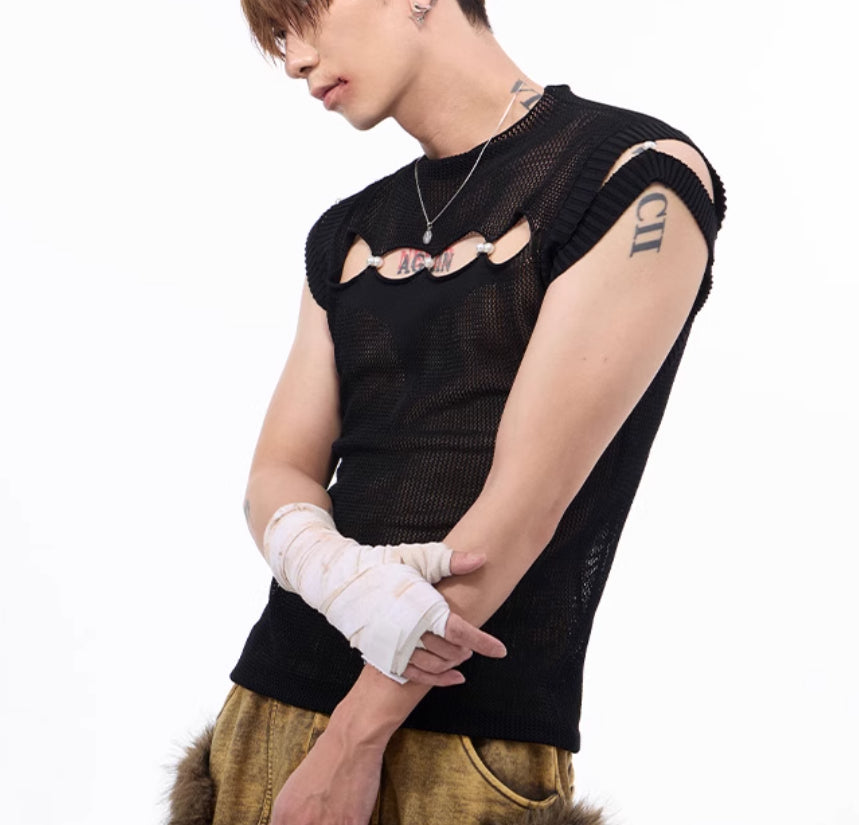Dark Hollow-out Sleeveless T-shirt For Men