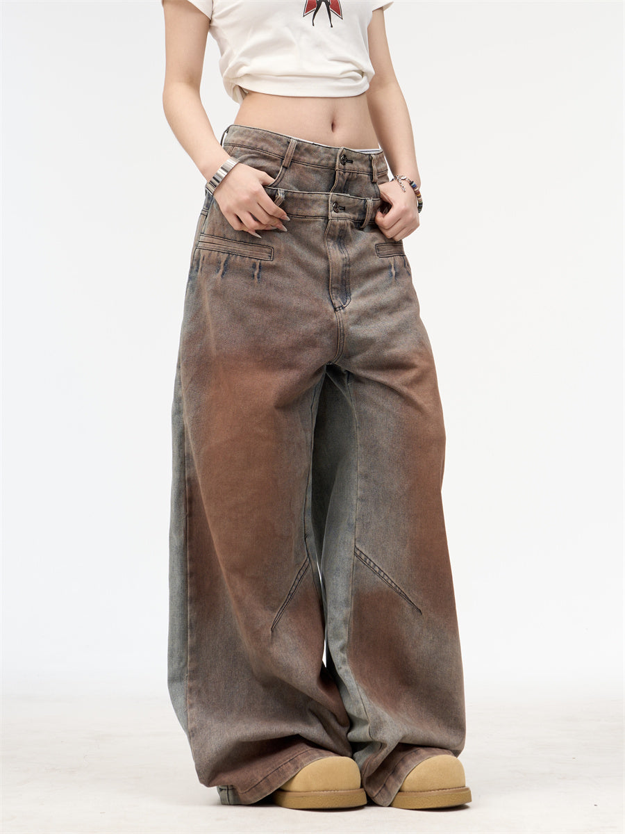 Women's American Retro Washed Double Waisted Jeans