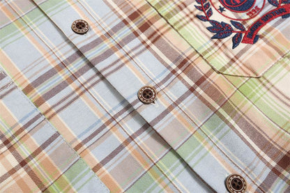 Embroidered Pocket Casual Polo Collar Checked Shirt For Men And Women MuddyStock