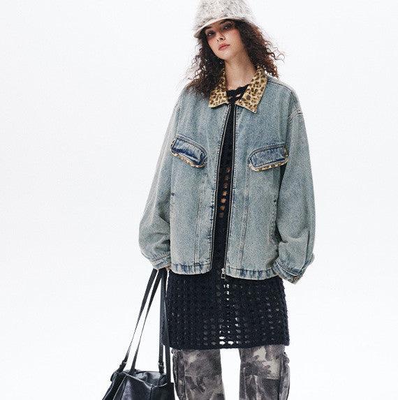 American-style Retro Street Washed Leopard Print Lapel Jacket For Women null