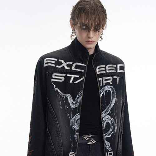 Hand-painted Snake Pattern Denim Coat For Men null