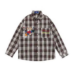 Cartoon Print Bear Lapel Long Sleeve Shirt For Men Gray