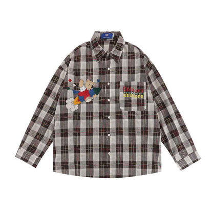 Cartoon Print Bear Lapel Long Sleeve Shirt For Men Gray