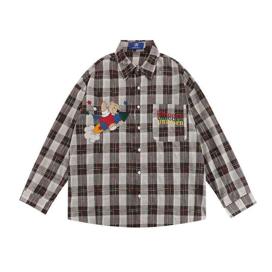 Cartoon Print Bear Lapel Long Sleeve Shirt For Men Gray