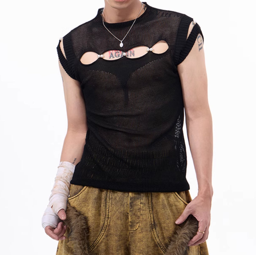 Dark Hollow-out Sleeveless T-shirt For Men