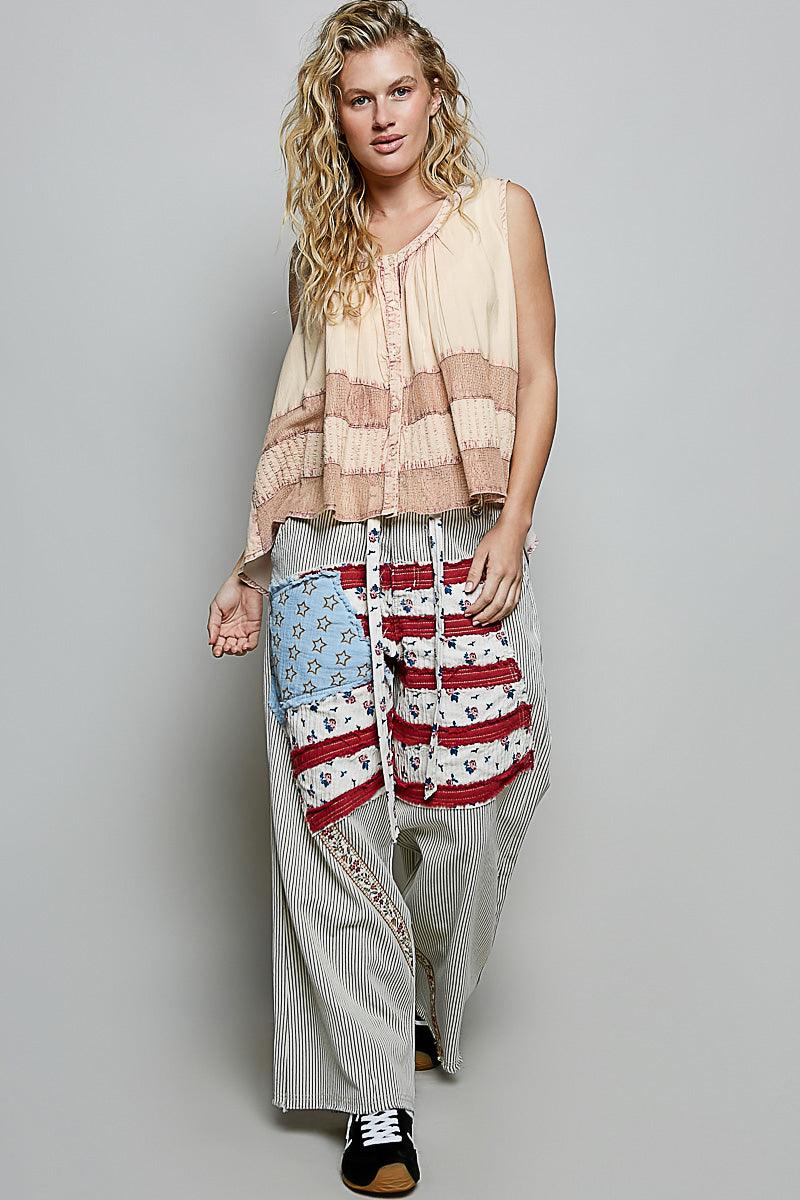 Button Down Round Neck Tank with Crochet Contrast