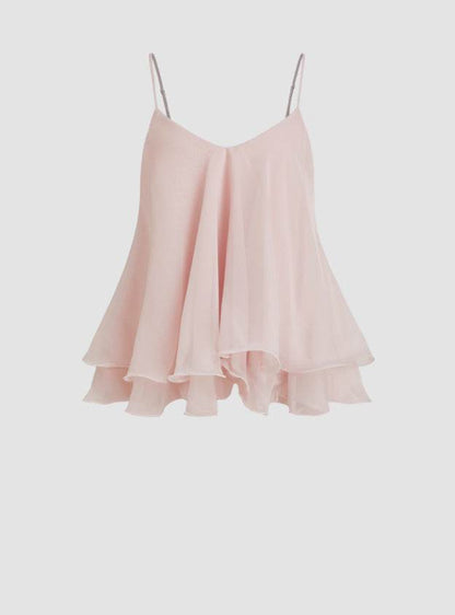 Mesh Camisole Short Top With Laminated Ruffles Pink MuddyStock